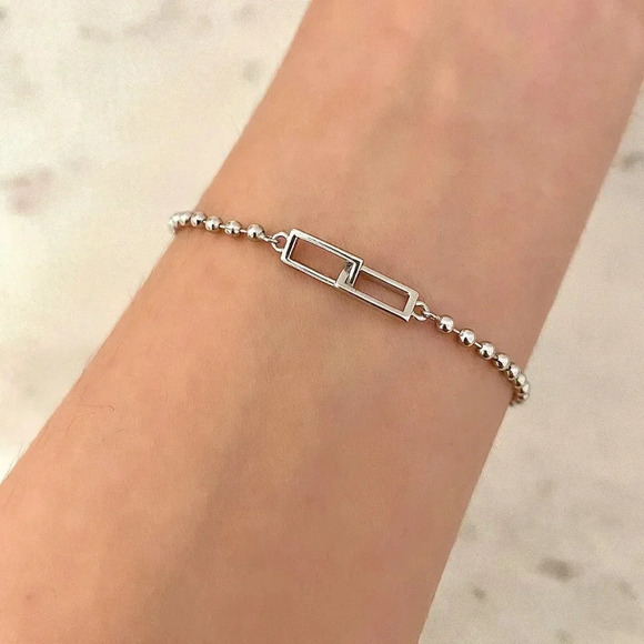 925 Sterling Silver Dainty Link Bracelet Rectangle Link Bead Bracelet - Picture 4 of 4